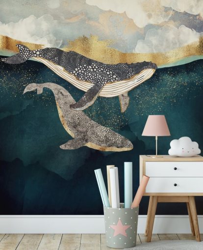 navy and gold custom whale wallpaper mural called Bond II by SpaceFrog Designs for living rooms or bedrooms