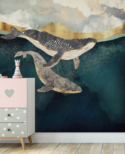 navy and gold custom whale wallpaper mural called Bond II by SpaceFrog Designs for living rooms or bedrooms