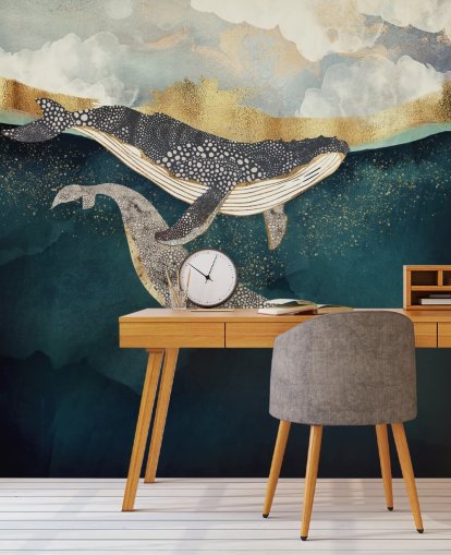mural de papel de parede de baleia personalizado em azul marinho e dourado chamado Bond II da SpaceFrog Designs para salas de estar ou quartos