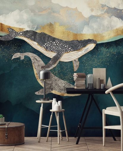 mural de papel de parede de baleia personalizado em azul marinho e dourado chamado Bond II da SpaceFrog Designs para salas de estar ou quartos mural de papel de parede de baleia personalizado em azul marinho e dourado chamado Bond II da SpaceFrog Designs para salas de estar ou quartos