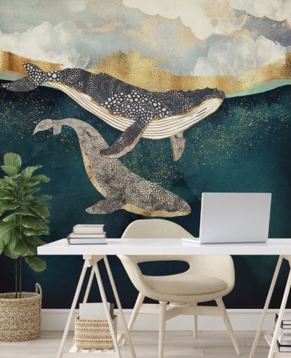 navy and gold custom whale wallpaper mural called Bond II by SpaceFrog Designs for living rooms or bedrooms