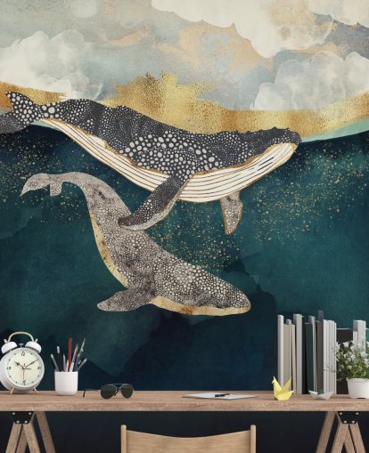 marineblauwe en gouden muurschildering op maat met walvisbehang genaamd Bond II van SpaceFrog Designs voor woonkamers of slaapkamers