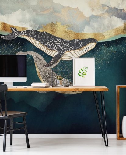 navy and gold custom whale wallpaper mural called Bond II by SpaceFrog Designs for living rooms or bedrooms