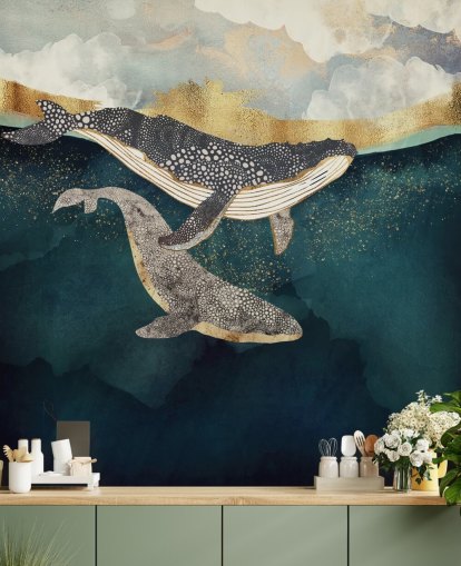 navy and gold custom whale wallpaper mural called Bond II by SpaceFrog Designs for living rooms or bedrooms