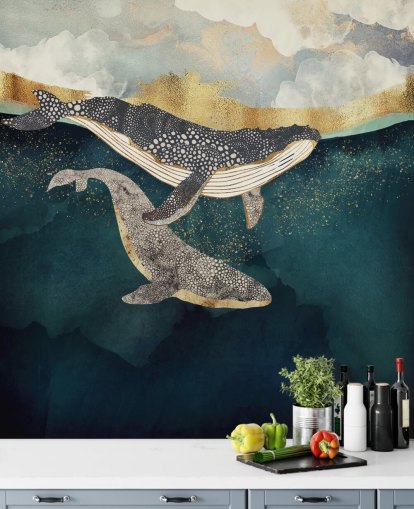 papier peint mural personnalisé en forme de baleine bleu marine et doré appelé Bond II par SpaceFrog Designs pour les salons ou les chambres