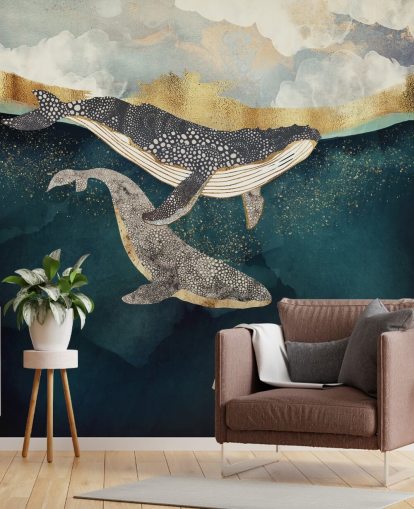 mural de papel de parede de baleia personalizado em azul marinho e dourado chamado Bond II da SpaceFrog Designs para salas de estar ou quartos