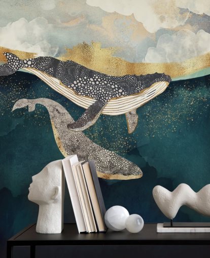 mural de papel pintado personalizado de ballenas azul marino y dorado llamado Bond II de SpaceFrog Designs para salas de estar o dormitorios mural de papel pintado personalizado de ballenas azul marino y dorado llamado Bond II de SpaceFrog Designs para salas de estar o dormitorios