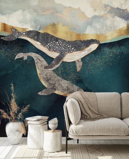 mural de papel de parede de baleia personalizado em azul marinho e dourado chamado Bond II da SpaceFrog Designs para salas de estar ou quartos