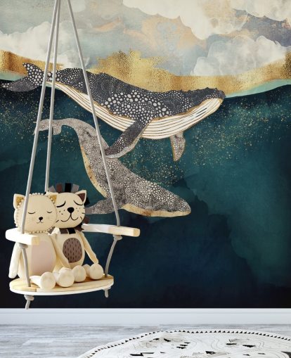 mural de papel pintado personalizado de ballenas azul marino y dorado llamado Bond II de SpaceFrog Designs para salas de estar o dormitorios