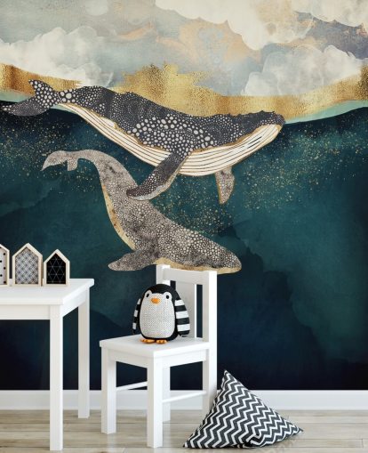 navy and gold custom whale wallpaper mural called Bond II by SpaceFrog Designs for living rooms or bedrooms