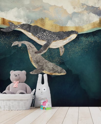 mural de papel pintado personalizado de ballenas azul marino y dorado llamado Bond II de SpaceFrog Designs para salas de estar o dormitorios