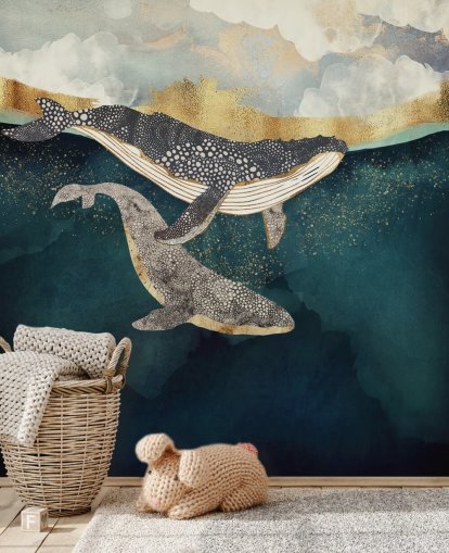 mural de papel pintado personalizado de ballenas azul marino y dorado llamado Bond II de SpaceFrog Designs para salas de estar o dormitorios