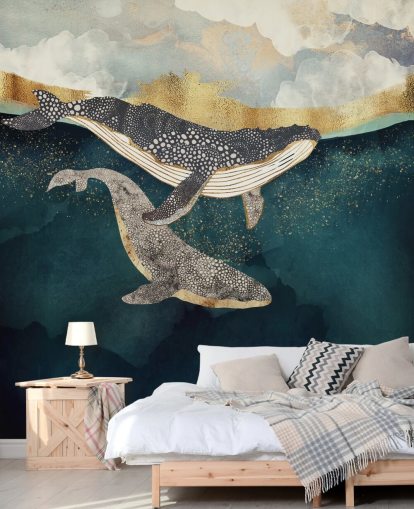 navy and gold custom whale wallpaper mural called Bond II by SpaceFrog Designs for living rooms or bedrooms