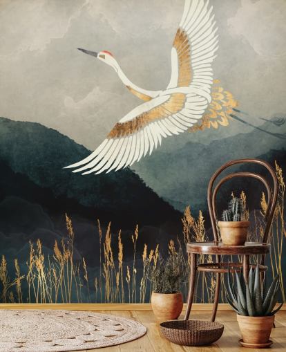 guld och marin anpassningsbar orientalisk tapet som heter Elegant Flight av SpaceFrog Designs för vardagsrum eller sovrum