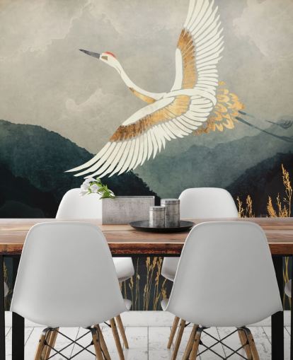 guld och marin anpassningsbar orientalisk tapet som heter Elegant Flight av SpaceFrog Designs för vardagsrum eller sovrum