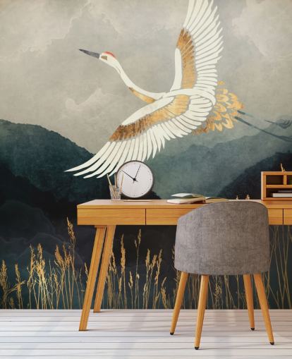 papier peint oriental personnalisable doré et bleu marine appelé Elegant Flight de SpaceFrog Designs pour les salons ou les chambres