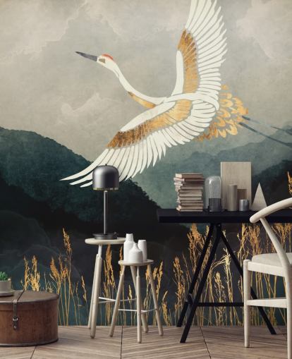 gold and navy customizable oriental wallpaper called Elegant Flight by SpaceFrog Designs for living rooms or bedrooms