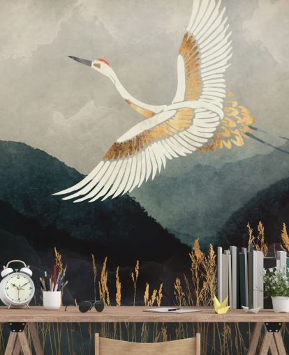 gull og marineblå tilpassbart orientalsk tapet kalt Elegant Flight av SpaceFrog Designs for stuer eller soverom gull og marineblå tilpassbart orientalsk tapet kalt Elegant Flight av SpaceFrog Designs for stuer eller soverom