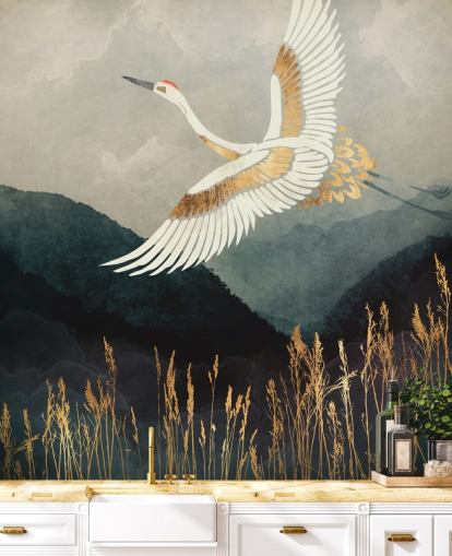 gold and navy customizable oriental wallpaper called Elegant Flight by SpaceFrog Designs for living rooms or bedrooms