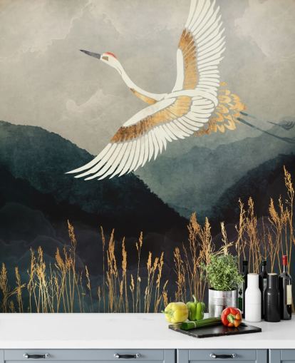 papier peint oriental personnalisable doré et bleu marine appelé Elegant Flight de SpaceFrog Designs pour les salons ou les chambres