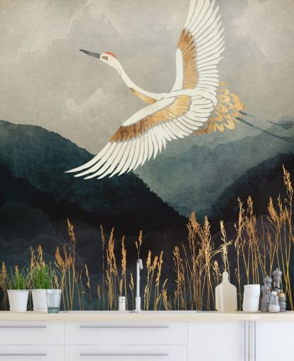 papier peint oriental personnalisable doré et bleu marine appelé Elegant Flight de SpaceFrog Designs pour les salons ou les chambres