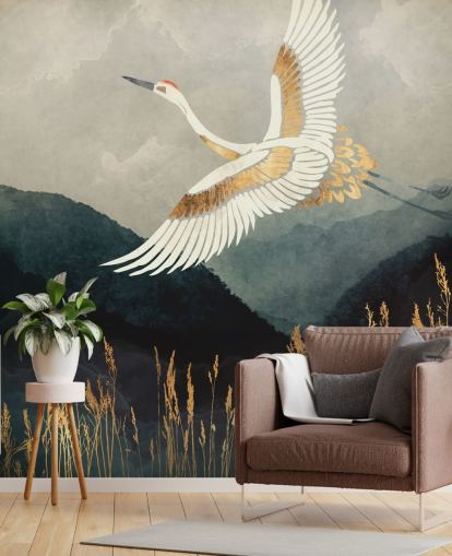 papier peint oriental personnalisable doré et bleu marine appelé Elegant Flight de SpaceFrog Designs pour les salons ou les chambres