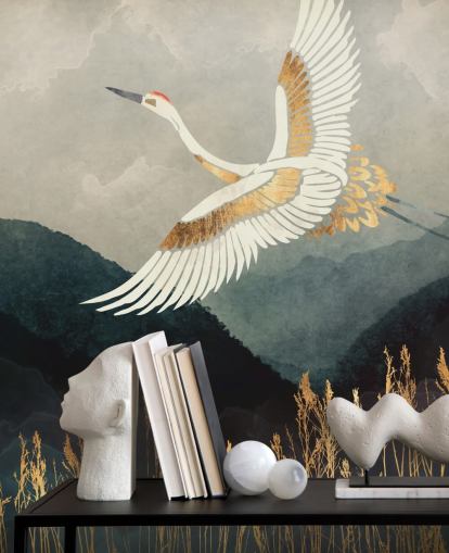 guld og marineblå tilpasselig orientalsk tapet kaldet Elegant Flight by SpaceFrog Designs til stuer eller soveværelser guld og marineblå tilpasselig orientalsk tapet kaldet Elegant Flight by SpaceFrog Designs til stuer eller soveværelser