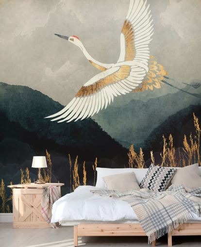 papel de parede oriental personalizável em ouro e azul marinho chamado Elegant Flight da SpaceFrog Designs para salas de estar ou quartos