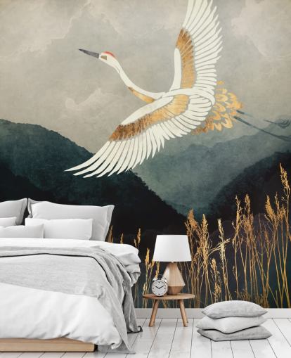 papier peint oriental personnalisable doré et bleu marine appelé Elegant Flight de SpaceFrog Designs pour les salons ou les chambres