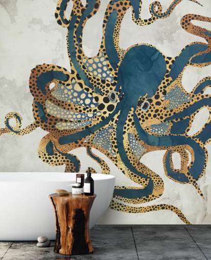 marineblauwe en gouden aanpasbare octopus behangmuurschildering genaamd Underwater Dream VI van SpaceFrog Designs voor badkamers