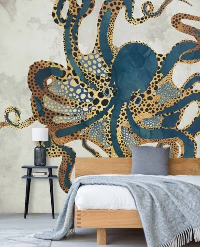 navy and gold customisable octopus wallpaper mural called Underwater Dream VI by SpaceFrog Designs for bathrooms