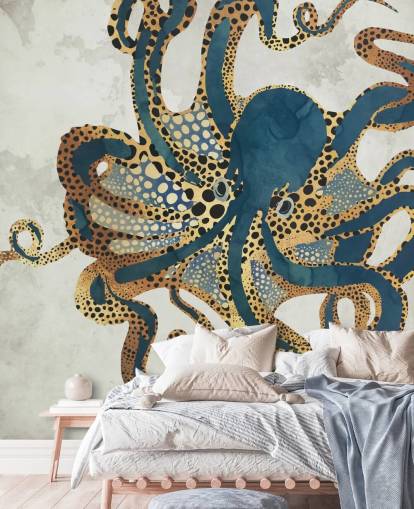 marineblauwe en gouden aanpasbare octopus behangmuurschildering genaamd Underwater Dream VI van SpaceFrog Designs voor badkamers