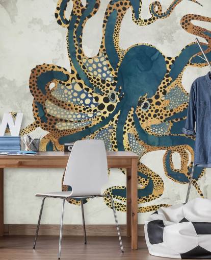 Wandbild Underwater Dream VI von SpaceFrog Designs für Badezimmer, personalisierbar mit Oktopus-Tapete in Marineblau und Gold