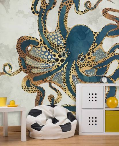 marineblå og guld tilpasselig blæksprutte tapetmaleri kaldet Underwater Dream VI af SpaceFrog Designs til badeværelser marineblå og guld tilpasselig blæksprutte tapetmaleri kaldet Underwater Dream VI af SpaceFrog Designs til badeværelser