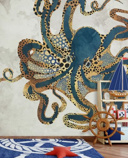 navy and gold customisable octopus wallpaper mural called Underwater Dream VI by SpaceFrog Designs for bathrooms