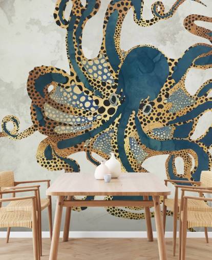 marineblauwe en gouden aanpasbare octopus behangmuurschildering genaamd Underwater Dream VI van SpaceFrog Designs voor badkamers marineblauwe en gouden aanpasbare octopus behangmuurschildering genaamd Underwater Dream VI van SpaceFrog Designs voor badkamers