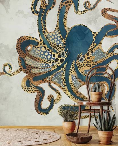 navy and gold customisable octopus wallpaper mural called Underwater Dream VI by SpaceFrog Designs for bathrooms