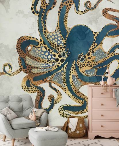carta da parati murale personalizzabile con polpo blu marino e oro chiamato Underwater Dream VI di SpaceFrog Designs per bagni