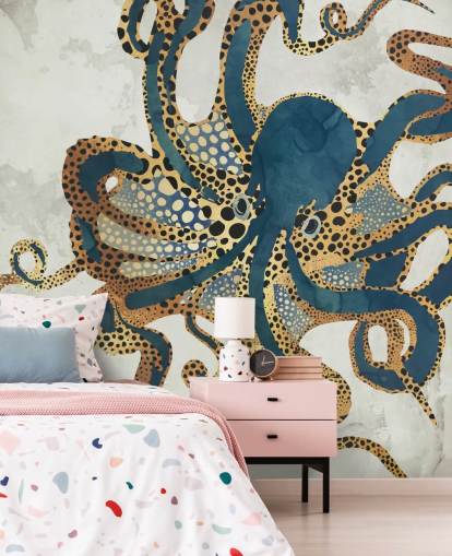 navy and gold customisable octopus wallpaper mural called Underwater Dream VI by SpaceFrog Designs for bathrooms