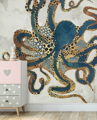 navy and gold customizable octopus wallpaper mural called Underwater Dream VI by SpaceFrog Designs for bathrooms