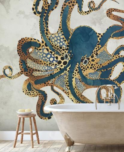 marineblauwe en gouden aanpasbare octopus behangmuurschildering genaamd Underwater Dream VI van SpaceFrog Designs voor badkamers