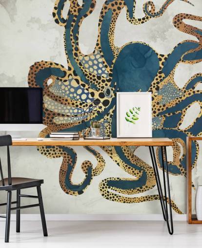 Wandbild Underwater Dream VI von SpaceFrog Designs für Badezimmer, personalisierbar mit Oktopus-Tapete in Marineblau und Gold