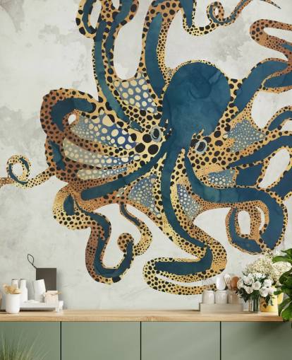 navy and gold customisable octopus wallpaper mural called Underwater Dream VI by SpaceFrog Designs for bathrooms