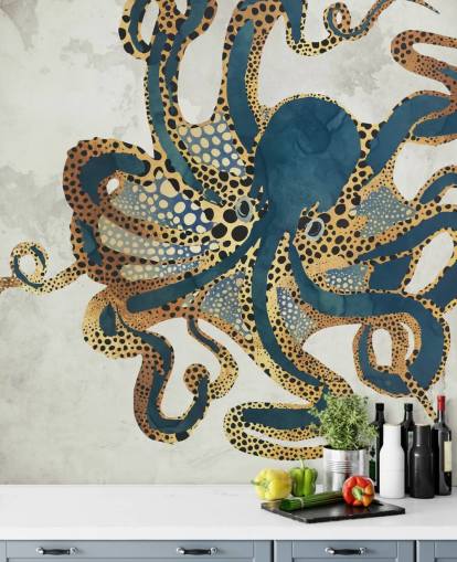 marineblauwe en gouden aanpasbare octopus behangmuurschildering genaamd Underwater Dream VI van SpaceFrog Designs voor badkamers marineblauwe en gouden aanpasbare octopus behangmuurschildering genaamd Underwater Dream VI van SpaceFrog Designs voor badkamers