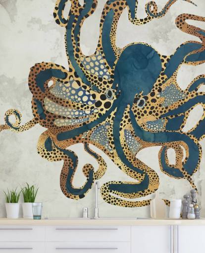 papier peint mural personnalisable en forme de poulpe bleu marine et doré appelé Underwater Dream VI par SpaceFrog Designs pour salles de bains