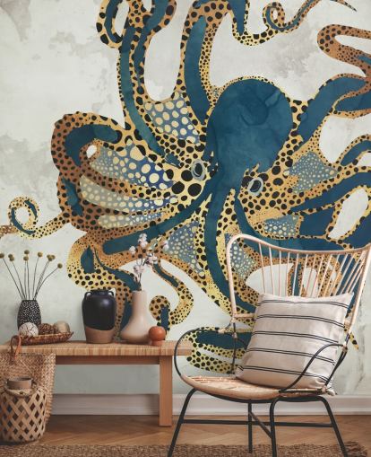 mural de papel de parede de polvo personalizável em azul marinho e dourado chamado Underwater Dream VI da SpaceFrog Designs para banheiros