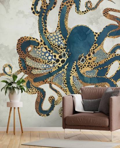 marinblå och guld anpassningsbar bläckfisk tapetväggmålning kallad Underwater Dream VI av SpaceFrog Designs för badrum marinblå och guld anpassningsbar bläckfisk tapetväggmålning kallad Underwater Dream VI av SpaceFrog Designs för badrum
