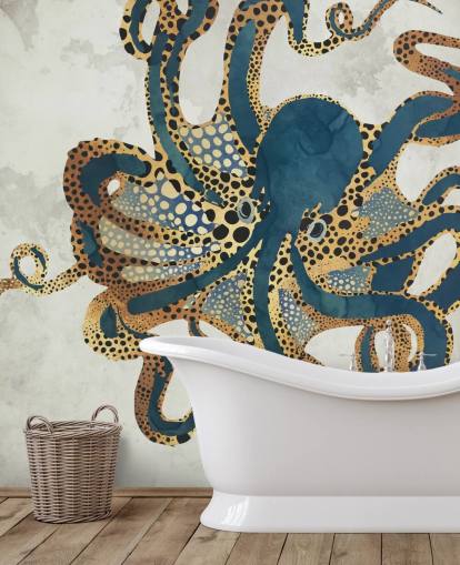 marineblauwe en gouden aanpasbare octopus behangmuurschildering genaamd Underwater Dream VI van SpaceFrog Designs voor badkamers