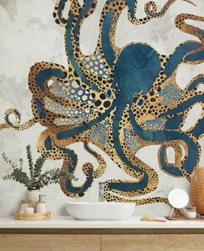 Wandbild Underwater Dream VI von SpaceFrog Designs für Badezimmer, personalisierbar mit Oktopus-Tapete in Marineblau und Gold