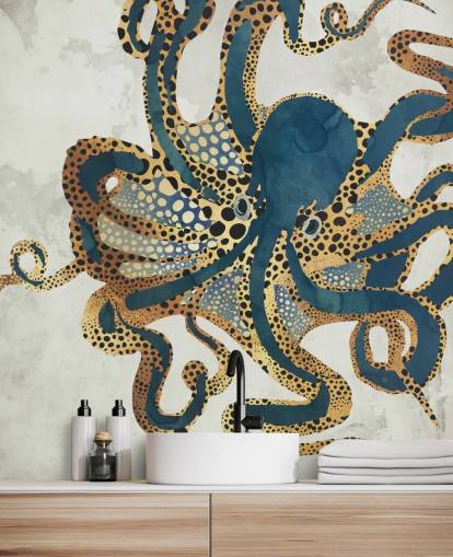 marinblå och guld anpassningsbar bläckfisk tapetväggmålning kallad Underwater Dream VI av SpaceFrog Designs för badrum marinblå och guld anpassningsbar bläckfisk tapetväggmålning kallad Underwater Dream VI av SpaceFrog Designs för badrum